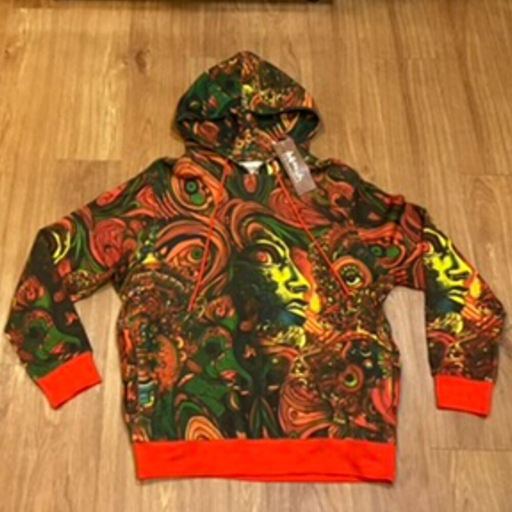 AGTAWH Men French Terry Motif Print Hoodie Multicolor Size M
